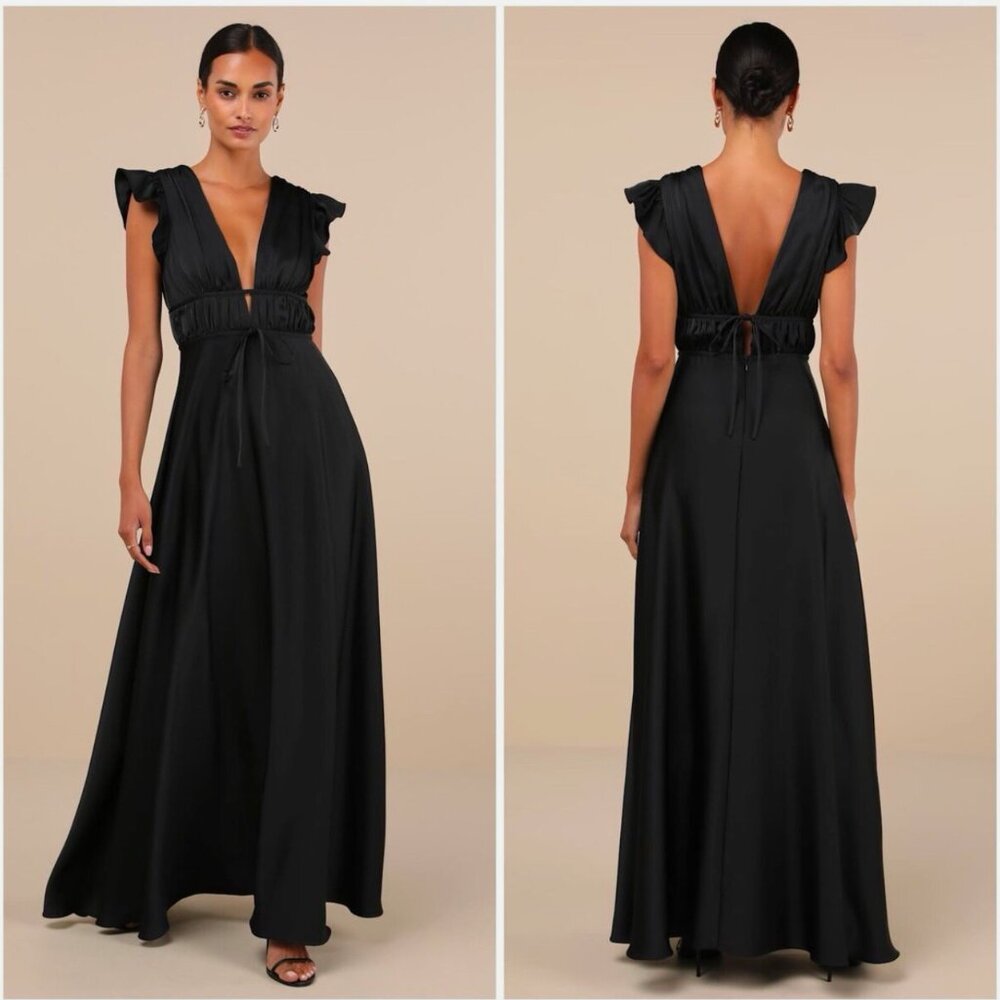 LULUS I'M ALL YOURS BLACK SATIN CUTOUT RUFFLED MAXI DRESS
